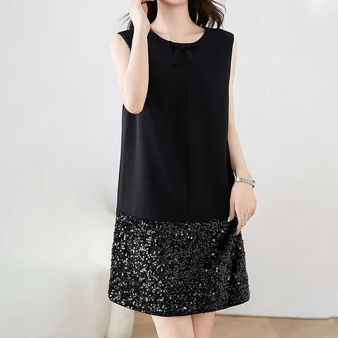 [퀸이즈] [77까지]마텐 밑단 스팽글 나시 미디원피스