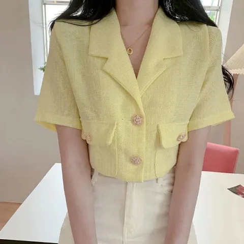 [브리치]  / 브이넥 카라넥 반팔 크롭 트위드 자켓