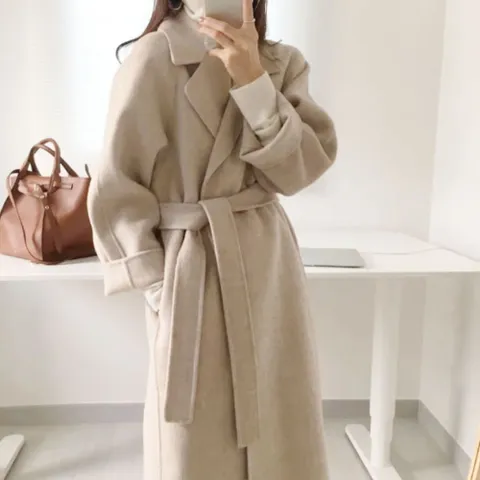 여자코트 클래식 여성 롱 모직 더블카라 겨울 허리끈 코트