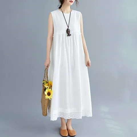 259533 - 펀칭 레이스 프릴 린넨면롱원피스 여름원피스 여성원피스 빅사이즈원피스 쉬폰원피스 중년여성원피