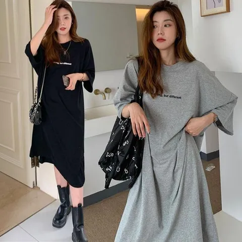 [하프클럽/여자 라운드넥 레터링 2컬러 와이드 반팔 원피스