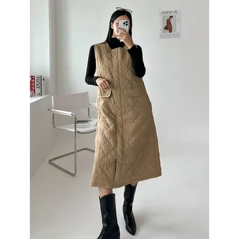 [하프클럽] FW 여성 라운드넥 퀼팅 벨트 집업 롱 조끼 겸 원피스 CAT-WDR-3930-진베이지