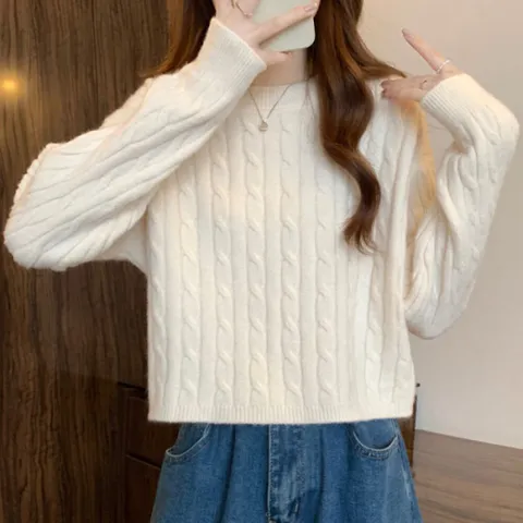 [브리치]  / NK2444 꽈배기 크롭 라운드넥 긴팔 니트티