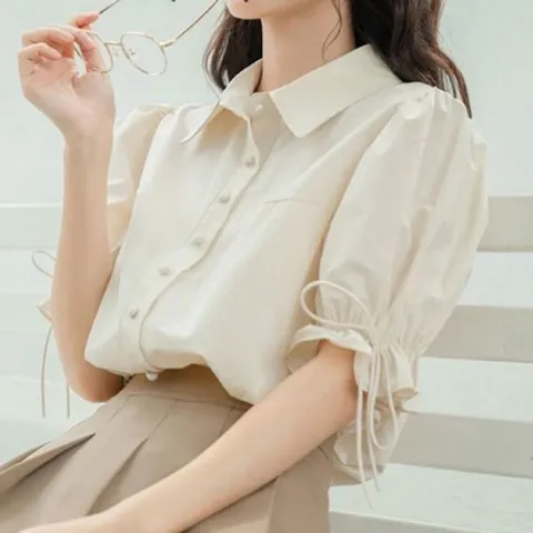 퍼프 퍼 밴딩 반팔 트렌디 데일리룩 셔츠 퍼프블라우스 퍼프셔츠 카라셔츠 꾸안꾸셔츠