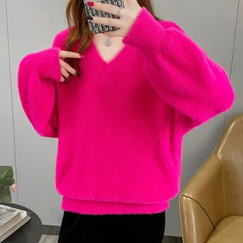 [하프클럽] 컬러풀 브이넥 앙고라 핫핑크 소라색 하늘색 스카이블루 노랑색 초록색 연두색 핑크 털 니트