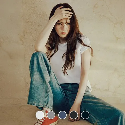 여성 여름 라운드넥 한소희 수피마 무지 면 반팔 티셔츠 325523 463691
