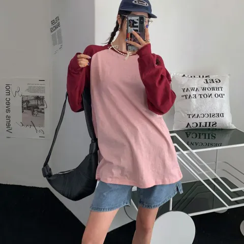 여자 시밀러룩 배색 나그랑 여름긴팔티 박시핏 티셔츠