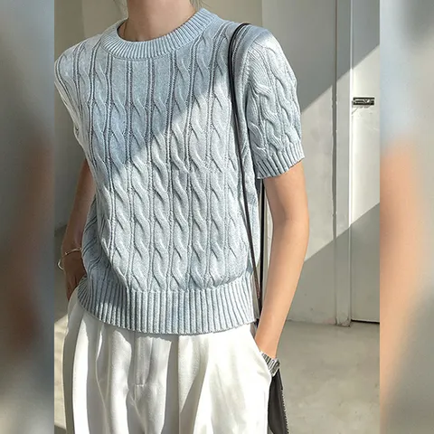 프렌더 꽈배기 반팔 니트