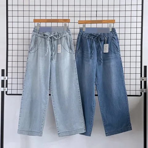 여성 마데님 난스판 밴딩 스트링 와이드 데님팬츠 통청바지