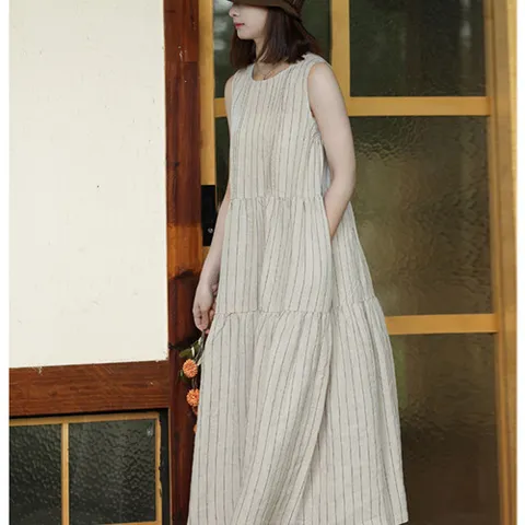 252285 - 핀턱 스트라이프 린넨면 롱원피스 코튼원피스 빅사이즈원피스 면원피스 여름원피스 맥시롱원피스