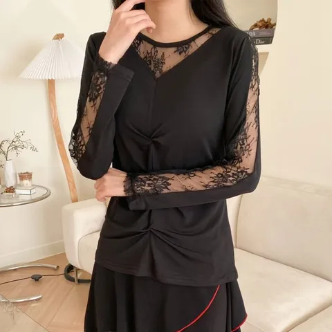 브이 레이스 꼬임 셔링 블라우스 댄스스포츠 상의 여성 라인 줌바 밸리 라틴 사교 차밍 댄스복