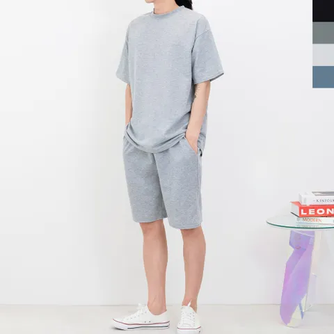 블레오 남성 여름 기본 무지 반팔 면 티셔츠 밴딩 5부 반바지 세트