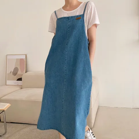여성 프렌치 뷔스티에 민소매 끈나시 데님 롱원피스
