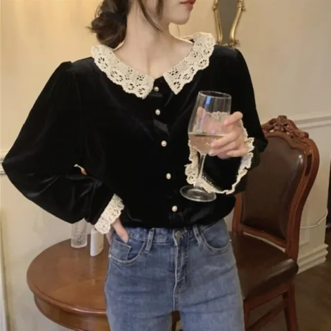 [M7] 여자 벨루어 레이스 귀여운 검정 카라 블라우스