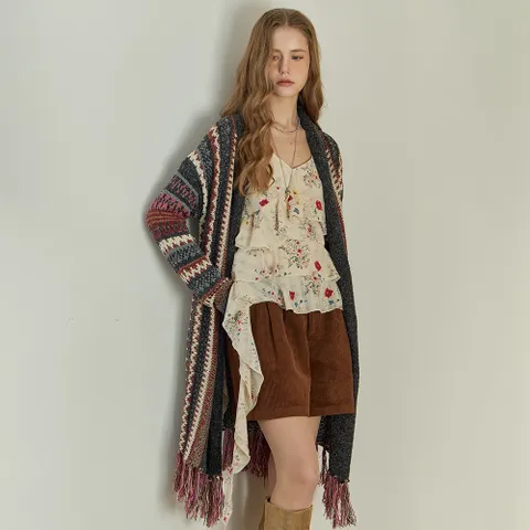 보헤미안 에스닉 프린지 롱 가디건