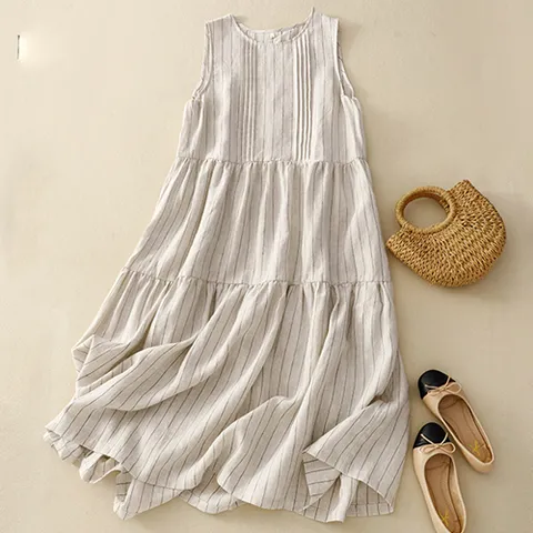 252285 - 핀턱 스트라이프 린넨면 롱원피스 루즈핏 빅사이즈 여름원피스 린넨원피스 면원피스 40대 50대 100사이즈 인견원피스
