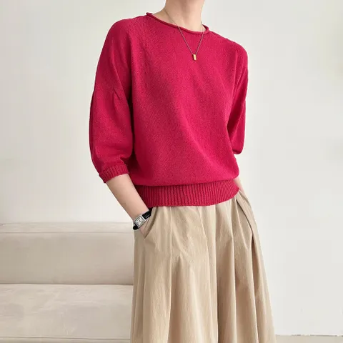 여성 쿨 린넨 홀가먼트 무지 7부 라운드 숏 니트 티셔츠 마 이너티