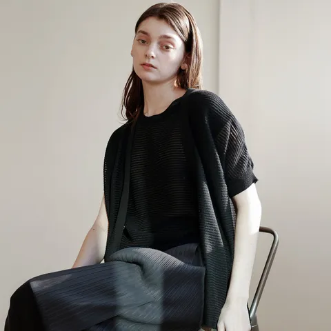 [최초가 198000원] 린넨 시스루 플리츠 루즈핏 숄 반팔 가디건_YI06WQKCD11