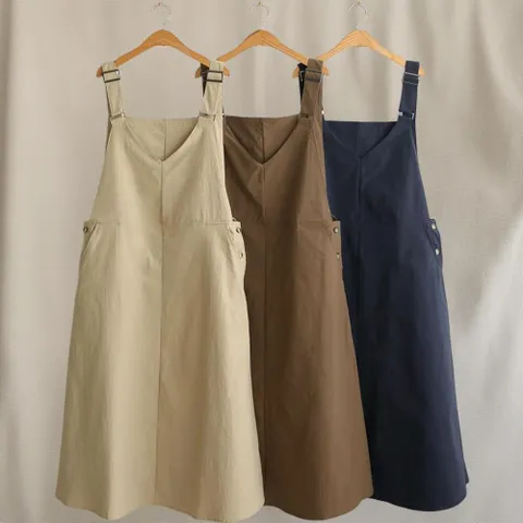 여성 브이넥 멜빵 A라인 롱원피스 가을 스타일