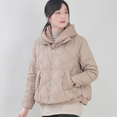 엄마옷 니트 레이어드 이중 후드 물결 누빔 퀼팅 패딩 퍼프 볼륨 봄 가을 숏 점퍼 J11452