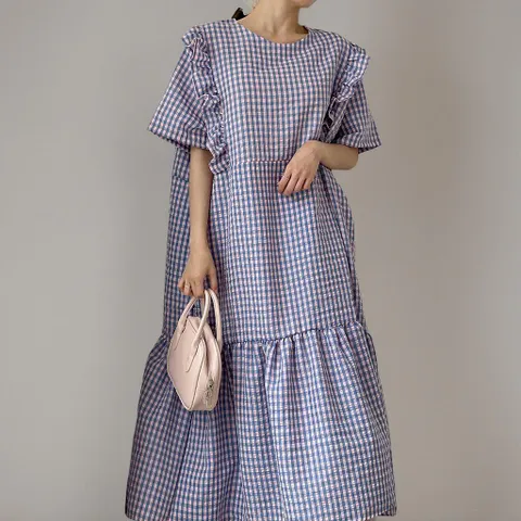 [다잇템] 여성 롱 시어서커 대형 귀여운 사이즈 드레스