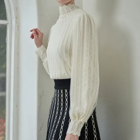 소매 쉬폰 반폴라 기모 레이스 블라우스 LN01BL170L