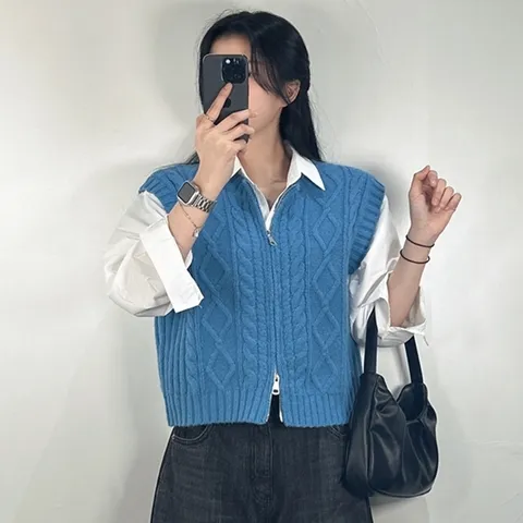 투웨이 지퍼 꽈배기 니트 베스트 조끼 블루 파랑 소라 하늘색