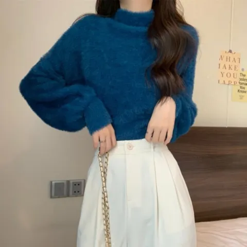 여자 겨울 크림 블루 블랙 폴라 밍크 크롭 니트