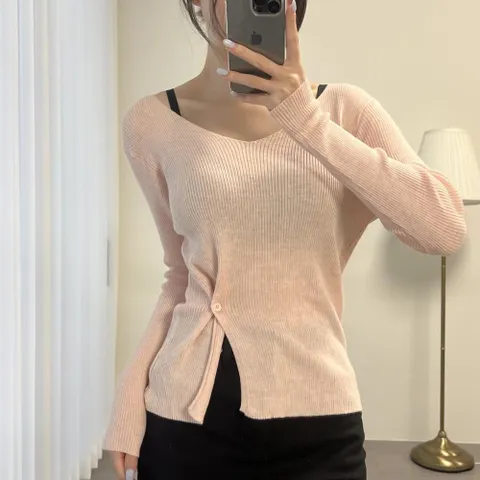 여자 여리여리 롱슬리브 버튼 꼬임 투웨이 뱀부 니트