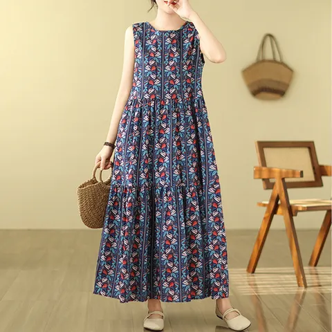 2491660 - 면 패턴 민소매 롱원피스 루즈핏 빅사이즈 여름원피스 린넨원피스 면원피스 40대 50대 100사이즈