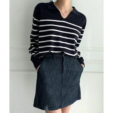 [하프클럽/L XL 스트라이프 단가라 V넥 카라 긴팔 니트 티셔츠 빅사이즈 오피스룩