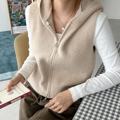 [유어하젤] 라테 골지 후드집업 니트 베스트_F2908