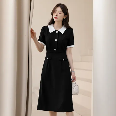 (~XXL까지) 비앙디르 배색 버튼 A라인 원피스 여름 격식룩 하객룩 오피스룩 데이트 모임 미시 빅사이즈