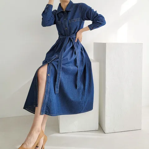 스콜라 벨티드 카라 데님 롱 청원피스 _S3808