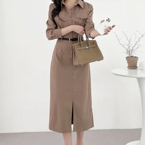 [하프클럽] 여성 여자 긴팔 롱 벨트 원피스 셔츠 카라 데일리 정장 러블리 간절기 봄 가을 직장인 학생