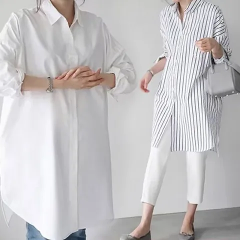 이쁘다요 셔츠 남방 스트라이프 롱 빅사이즈 블라우스 화이트 오버핏 여성 봄 가을