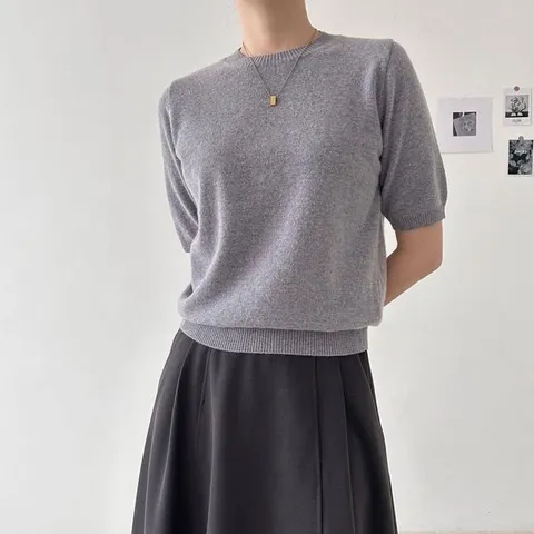 [하프클럽/브이와이]여자 연보라 울니트 반소매 다홍 U넥 FW 티셔츠