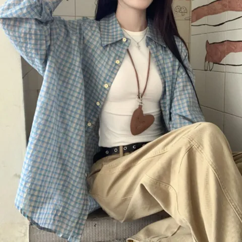 코발트블루셔츠 오버핏 체크셔츠 긴팔 여자남방 코튼 셔츠 체크남방 캐주얼 데일리룩
