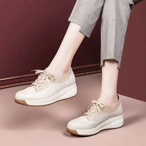 피카소 발편한 여성용 수제 소가죽 끈 배색 키높이 운동화 컴포트화