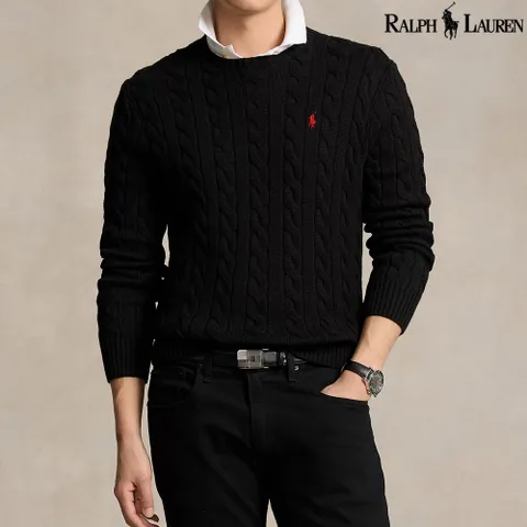 남성 코튼 케이블 니트 스웨터 블랙 710775885-012