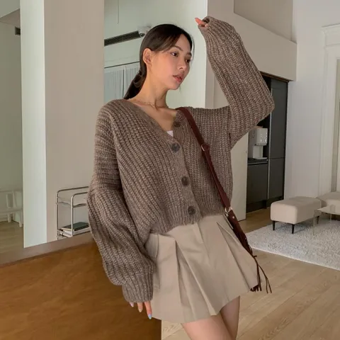 여자 왕골지 아방 뜨개질 브이넥 하찌 가디건