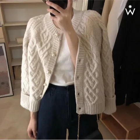 정상가:89,000원ㅣ진주 펄 버튼업 꽈배기 니트 가디건(WIACCD096)