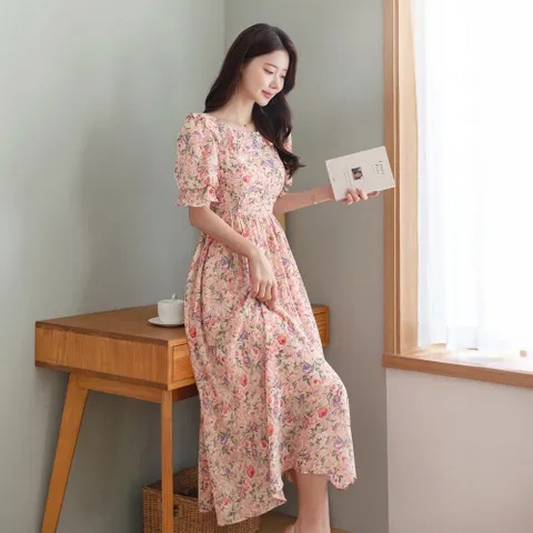 플라워가든 러플넥 밴딩 퍼프 슬리브 쉬폰 원피스 빅사이즈/휴양지룩/나들이룩