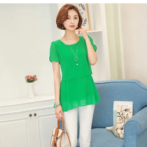 이중 프릴 블라우스 여성 반팔 쉬폰 여름블라우스 반팔브라우스 쉬폰반팔블라우스