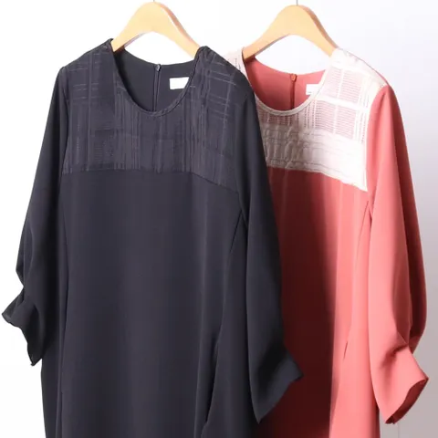 펀칭 배색 밑주름 원피스 205D438S 빅사이즈 여성