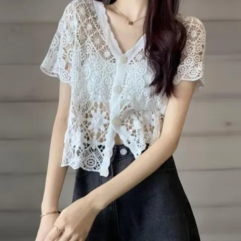 [다잇템] 여성 키치룩 크로셰 스웨터 뜨개 V넥 가디건_23047313_588872