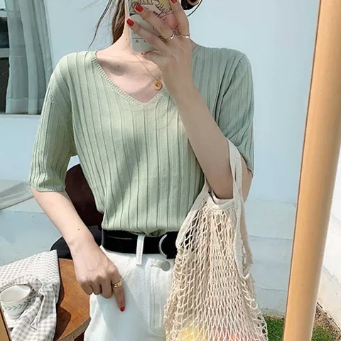 브이넥 반팔 니트티 여성 상의 여름 나들이 데이트룩 여자여름니트 여름니트 브이넥골지티