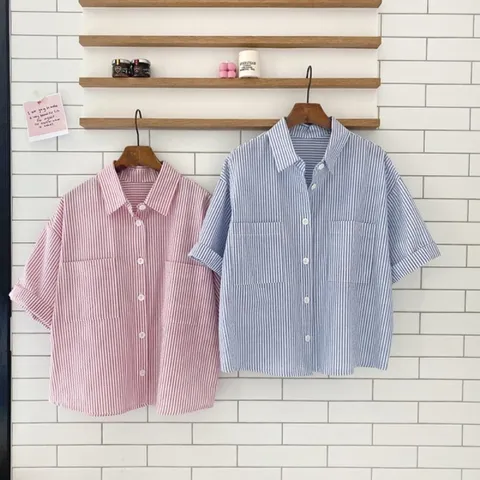 여자 지지미 단가라 코튼셔츠 폴딩 반팔 셔츠