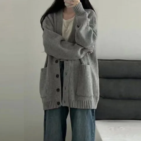 골지 그레이 오버핏 포켓 차콜 단추 롱 니트가디건 겨울가디건 봄가디건 차콜가디건