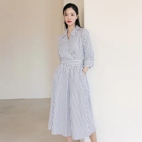 (~XXL까지) 코라이 스트라이프 뒷밴딩 플레어 원피스 봄 가을 하객룩 오피스룩 데이트 모임 미시 빅사이즈